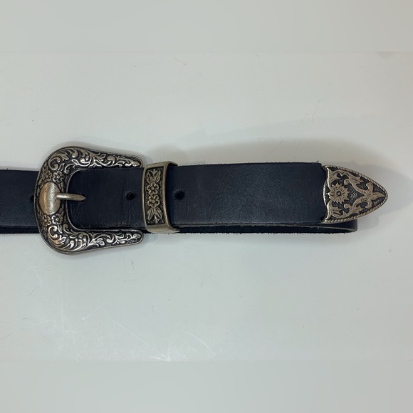 Western Black Leather Belt with Double Silver Buckles‎ Size 30/32 - Picture 3 of 5